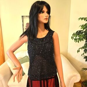 NWOT, Scala Black Beaded Silk Top with Ruffle, Formal, Party, Holiday, Size L